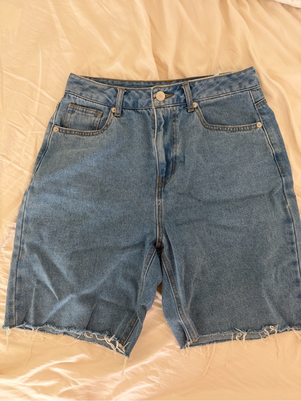 MIXXO High-Rise Distressed Denim Bermuda Shorts - Light Blue